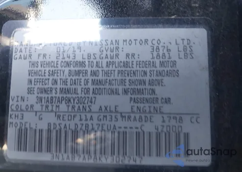 2019 Nissan Sentra Sv z USA, uszkodzony, nr VIN 3N1AB7AP8KY302747